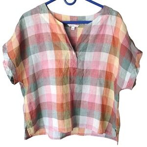 Bean Signature Plaid Linen Blend Short Sleeve V Neck Top Women XL